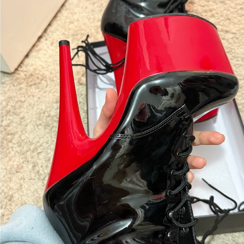 Pleaser Black and Red Patent Platform Boots - Picture 3 of 4